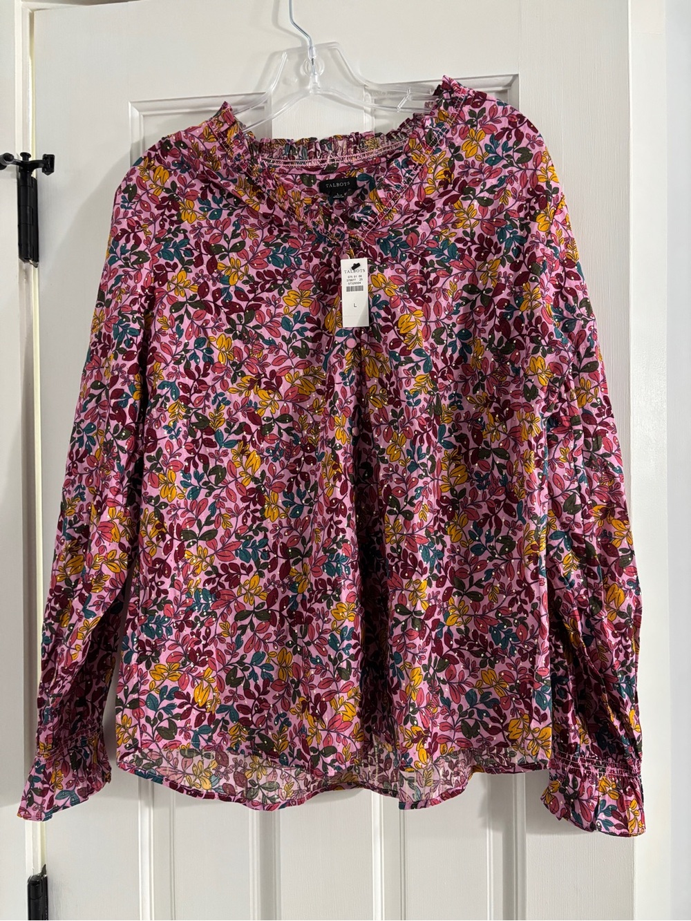 Talbots Pink Floral Metallic Cotton Smocked Ruffle Neck Blouse NWT - Large